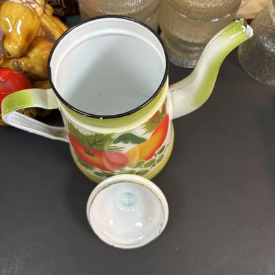 LOT 95: Vintage Indiana Glass "Tree Bark" Glasses, Inarco Fruit Cookie Jar & Creamer, Enamelware Teapot, Pyro-O-Rex,...