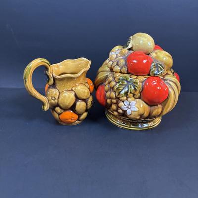 LOT 95: Vintage Indiana Glass "Tree Bark" Glasses, Inarco Fruit Cookie Jar & Creamer, Enamelware Teapot, Pyro-O-Rex,...
