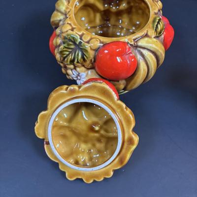 LOT 95: Vintage Indiana Glass "Tree Bark" Glasses, Inarco Fruit Cookie Jar & Creamer, Enamelware Teapot, Pyro-O-Rex,...