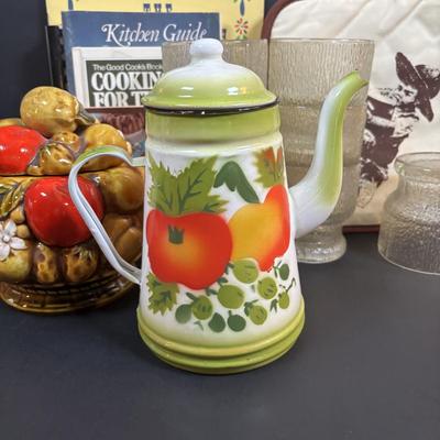 LOT 95: Vintage Indiana Glass "Tree Bark" Glasses, Inarco Fruit Cookie Jar & Creamer, Enamelware Teapot, Pyro-O-Rex,...