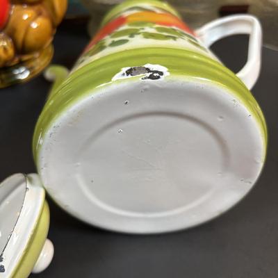 LOT 95: Vintage Indiana Glass "Tree Bark" Glasses, Inarco Fruit Cookie Jar & Creamer, Enamelware Teapot, Pyro-O-Rex,...