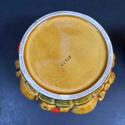 LOT 95: Vintage Indiana Glass "Tree Bark" Glasses, Inarco Fruit Cookie Jar & Creamer, Enamelware Teapot, Pyro-O-Rex,...