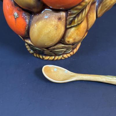 LOT 95: Vintage Indiana Glass "Tree Bark" Glasses, Inarco Fruit Cookie Jar & Creamer, Enamelware Teapot, Pyro-O-Rex,...