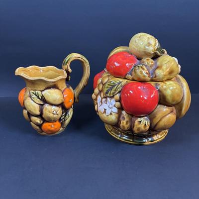 LOT 95: Vintage Indiana Glass "Tree Bark" Glasses, Inarco Fruit Cookie Jar & Creamer, Enamelware Teapot, Pyro-O-Rex,...