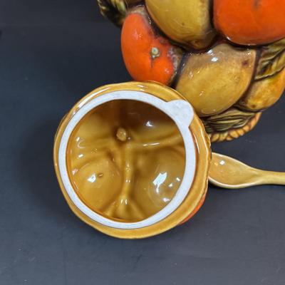 LOT 95: Vintage Indiana Glass "Tree Bark" Glasses, Inarco Fruit Cookie Jar & Creamer, Enamelware Teapot, Pyro-O-Rex,...