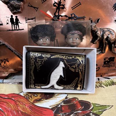 LOT 96: Australia Souvenirs: Copper Faced Clock, Table Linens, Tea Towels, Embossed Wallet, Key Holder