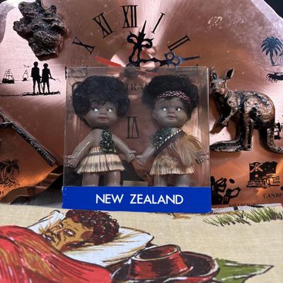 LOT 96: Australia Souvenirs: Copper Faced Clock, Table Linens, Tea Towels, Embossed Wallet, Key Holder