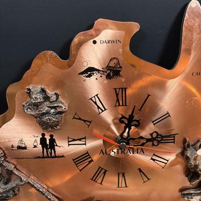 LOT 96: Australia Souvenirs: Copper Faced Clock, Table Linens, Tea Towels, Embossed Wallet, Key Holder