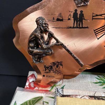LOT 96: Australia Souvenirs: Copper Faced Clock, Table Linens, Tea Towels, Embossed Wallet, Key Holder