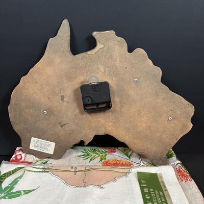 LOT 96: Australia Souvenirs: Copper Faced Clock, Table Linens, Tea Towels, Embossed Wallet, Key Holder