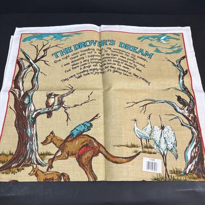 LOT 96: Australia Souvenirs: Copper Faced Clock, Table Linens, Tea Towels, Embossed Wallet, Key Holder