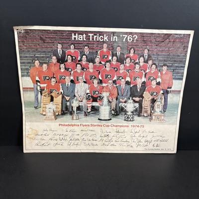 LOT 102: Vintage Philadelphia Flyers Memorabilia: T-shirts, Trading Cards, Team Photos, Stanley Cup Magazine along with a Box of Mixed...
