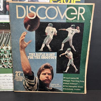 LOT 104: Philadelphia Eagles Memorabilia: Trading Cards, Team Photo, Glasses, 1977 Discover Magazine, Ticket Stub, Autograph's &...