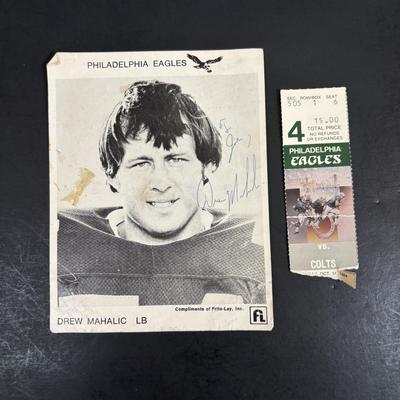LOT 104: Philadelphia Eagles Memorabilia: Trading Cards, Team Photo, Glasses, 1977 Discover Magazine, Ticket Stub, Autograph's &...