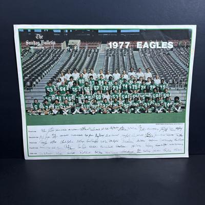 LOT 104: Philadelphia Eagles Memorabilia: Trading Cards, Team Photo, Glasses, 1977 Discover Magazine, Ticket Stub, Autograph's &...