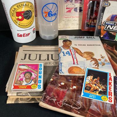 LOT 112: Collection of Basketball Memorabilia - NBA, 76ers, Sega Dreamcast Game, Jerry West (Lakers), Julius Erving, Wilt and More
