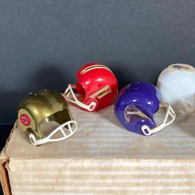 LOT 114: Vintage Collection of NFL Sports Memorabilia - Miniature Helmets, Gale Sayers 3D Card, Trading Cards, Super Bowl, Photos,