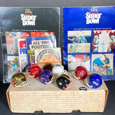 LOT 114: Vintage Collection of NFL Sports Memorabilia - Miniature Helmets, Gale Sayers 3D Card, Trading Cards, Super Bowl, Photos,