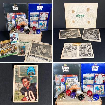 LOT 114: Vintage Collection of NFL Sports Memorabilia - Miniature Helmets, Gale Sayers 3D Card, Trading Cards, Super Bowl, Photos,