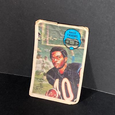 LOT 114: Vintage Collection of NFL Sports Memorabilia - Miniature Helmets, Gale Sayers 3D Card, Trading Cards, Super Bowl, Photos,