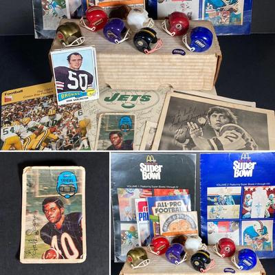 LOT 114: Vintage Collection of NFL Sports Memorabilia - Miniature Helmets, Gale Sayers 3D Card, Trading Cards, Super Bowl, Photos,