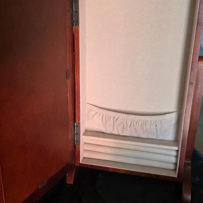 Vintage Cherry Wood Spinning Tabletop Jewelry Armoire Cabinet | Glass Mirror Door Dual Side Storage | Necklace Hooks Ring Cushion |...