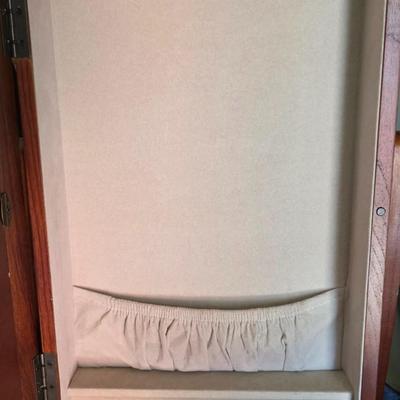 Vintage Cherry Wood Spinning Tabletop Jewelry Armoire Cabinet | Glass Mirror Door Dual Side Storage | Necklace Hooks Ring Cushion |...