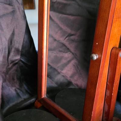 Vintage Cherry Wood Spinning Tabletop Jewelry Armoire Cabinet | Glass Mirror Door Dual Side Storage | Necklace Hooks Ring Cushion |...