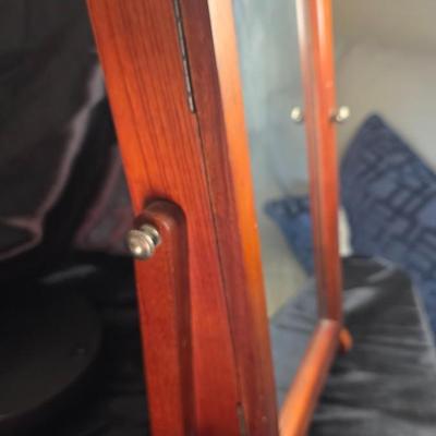 Vintage Cherry Wood Spinning Tabletop Jewelry Armoire Cabinet | Glass Mirror Door Dual Side Storage | Necklace Hooks Ring Cushion |...