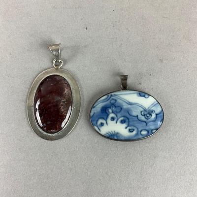 S844 Oval Brecciated Jasper, Chinese Porcelain, Nautilis Shell Necklace Slides