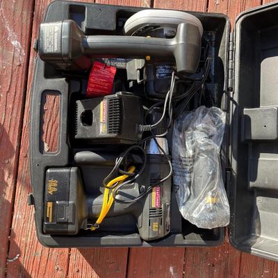 Sale Photo Thumbnail #112: Portable craftsman circular saw, impact drill, drill bit set, and work light set.  All use the same rechargeable batteries and charger base comes with the kit.  Everything stores safely in the carry case to protect your tools and makes transportation easy