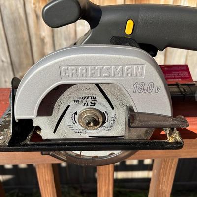 Sale Photo Thumbnail #115: Portable craftsman circular saw, impact drill, drill bit set, and work light set.  All use the same rechargeable batteries and charger base comes with the kit.  Everything stores safely in the carry case to protect your tools and makes transportation easy