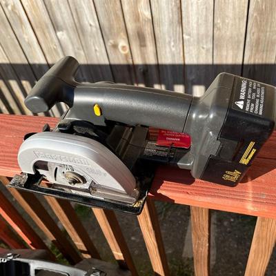 Sale Photo Thumbnail #114: Portable craftsman circular saw, impact drill, drill bit set, and work light set.  All use the same rechargeable batteries and charger base comes with the kit.  Everything stores safely in the carry case to protect your tools and makes transportation easy