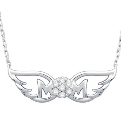 1/10 CT. T.W. Diamond “Mom” with Wings Necklace in Sterling Silver