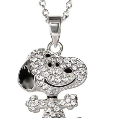 Peanuts Snoopy Sterling Silver Cubic Zirconia 3D Pave Pendant Necklace