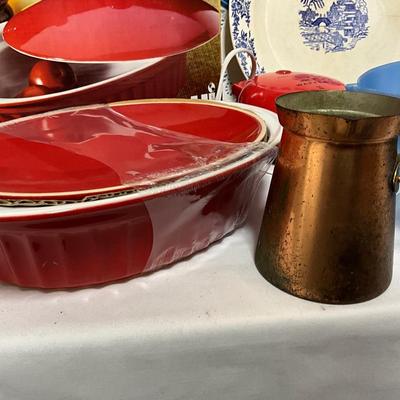Vintage, yet new Fuego 1 1/2 qt Casserole dish, Copper serving cup, Mini waffle maker,