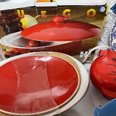 Vintage, yet new Fuego 1 1/2 qt Casserole dish, Copper serving cup, Mini waffle maker,