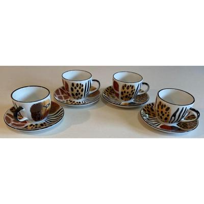 4 Teacups & Saucers Hand Painted By Jill Art From Africa Leopard, Giraffe, Zebra