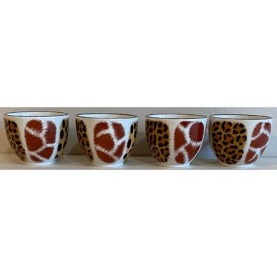 4 Teacups & Saucers Hand Painted By Jill Art From Africa Leopard, Giraffe, Zebra