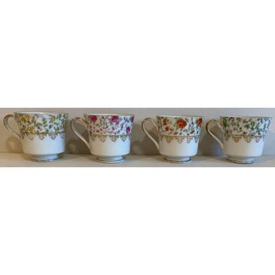 4 Vintage Ardco Floral Teacups & Saucers Japan Green / Orange / Yellow / Rose