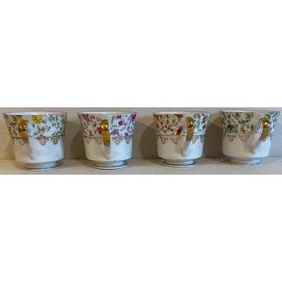 4 Vintage Ardco Floral Teacups & Saucers Japan Green / Orange / Yellow / Rose
