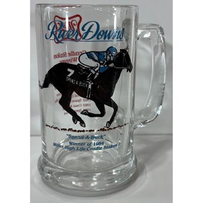 Vintage River Downs Racetrack "Spend a Buck" Glass Mug Horse Miller High Life