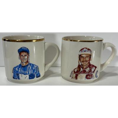 Cat Manzi & John Campbell The Meadowlands Harness Racing Vintage Ceramic Mugs NJ