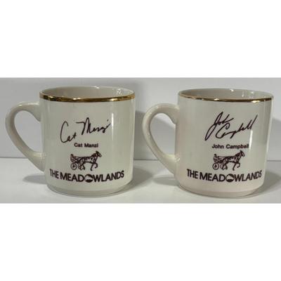 Cat Manzi & John Campbell The Meadowlands Harness Racing Vintage Ceramic Mugs NJ