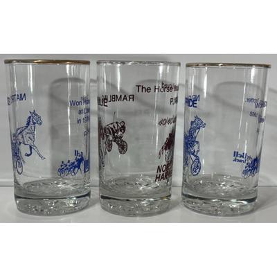 3 Horse Race Glasses: Nevele Pride, Niatross, Rambling Willie Liberty Bell Track