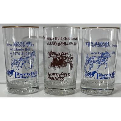 3 Horse Race Glasses: Nevele Pride, Niatross, Rambling Willie Liberty Bell Track