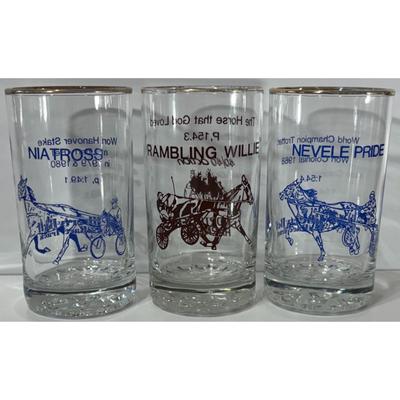 3 Horse Race Glasses: Nevele Pride, Niatross, Rambling Willie Liberty Bell Track