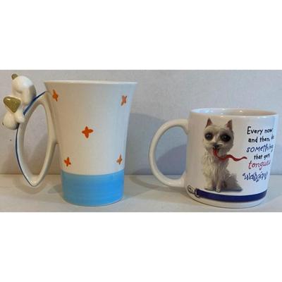 Indra Hand Painted Fine Stoneware Made In Thailand & American Greetings Dog Mugs