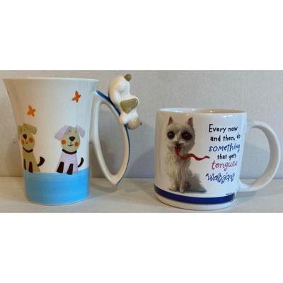 Indra Hand Painted Fine Stoneware Made In Thailand & American Greetings Dog Mugs