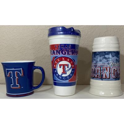 2 Texas Rangers Ceramic Mugs & Plastic Travel Cup Thailand Sweet Baby Ray's BBQ